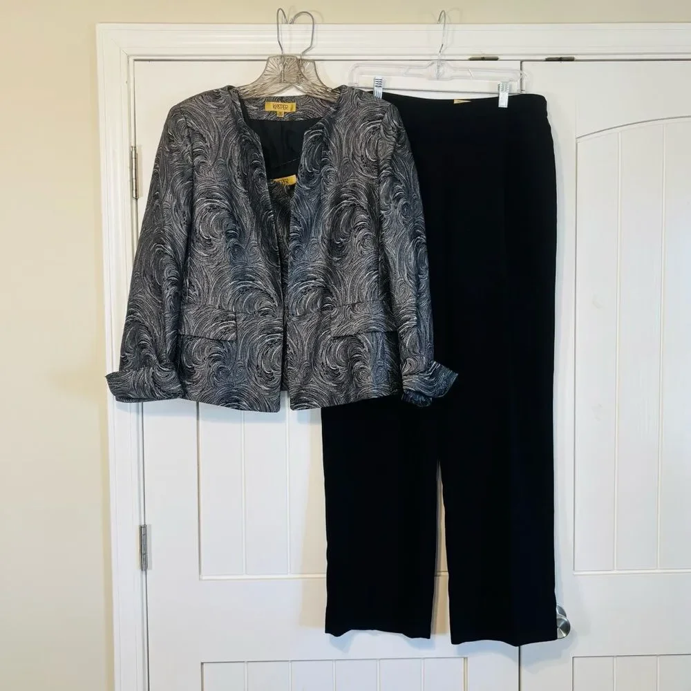 Kasper Black Pewter Silver Textured Swirl Pattern Women's 3 Piece Pantsuit